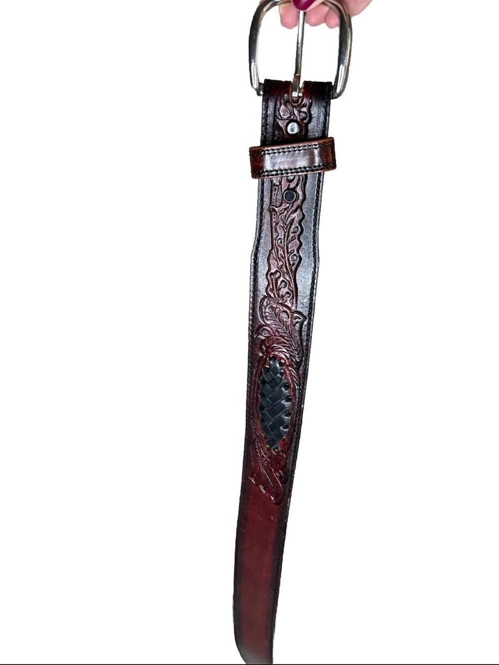 Dun Dee Western Leather Hatband Hand Stamped  Red/Brown W/Buckle Size34
